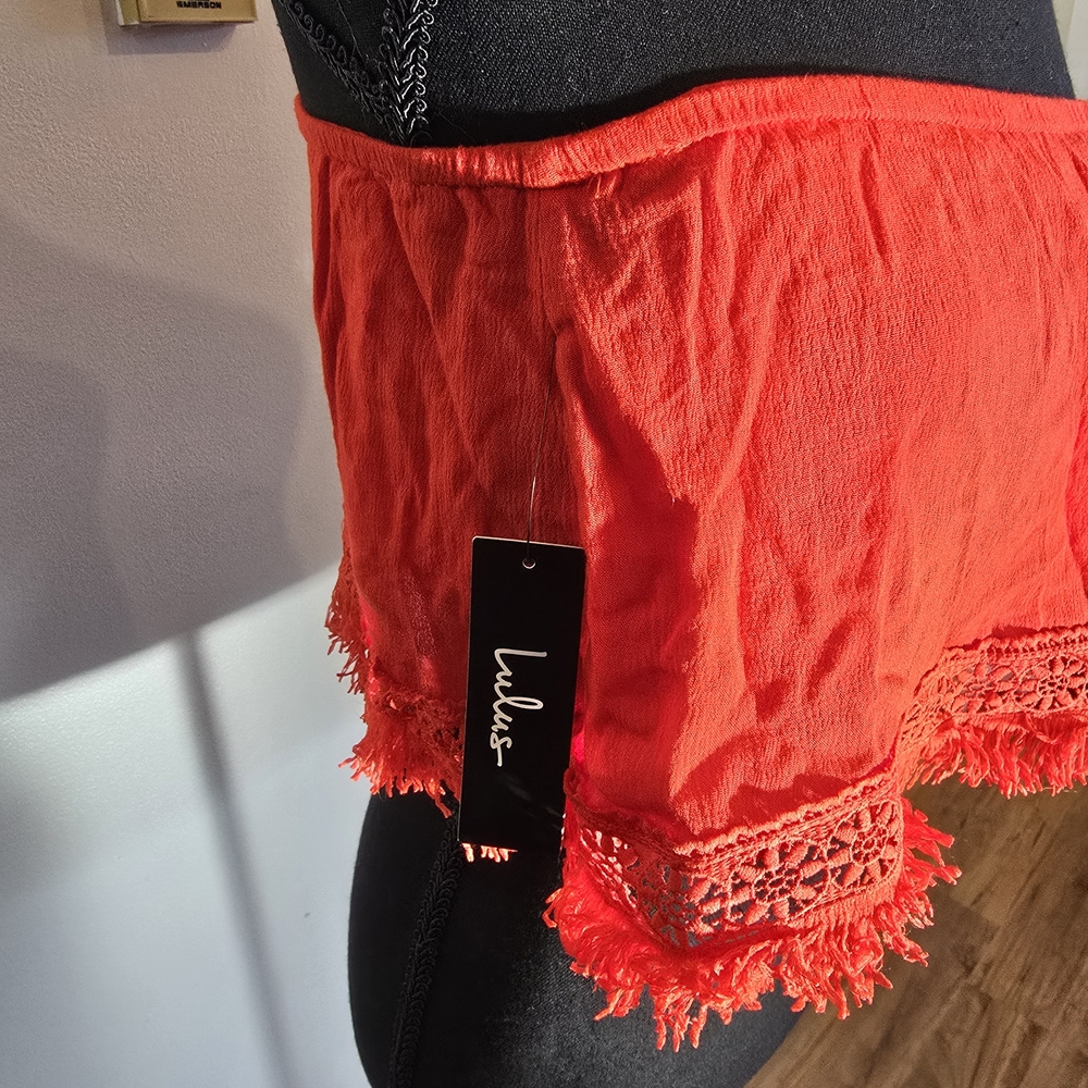 Red Lace Trim Off-Shoulder Top - Picture 3 of 4